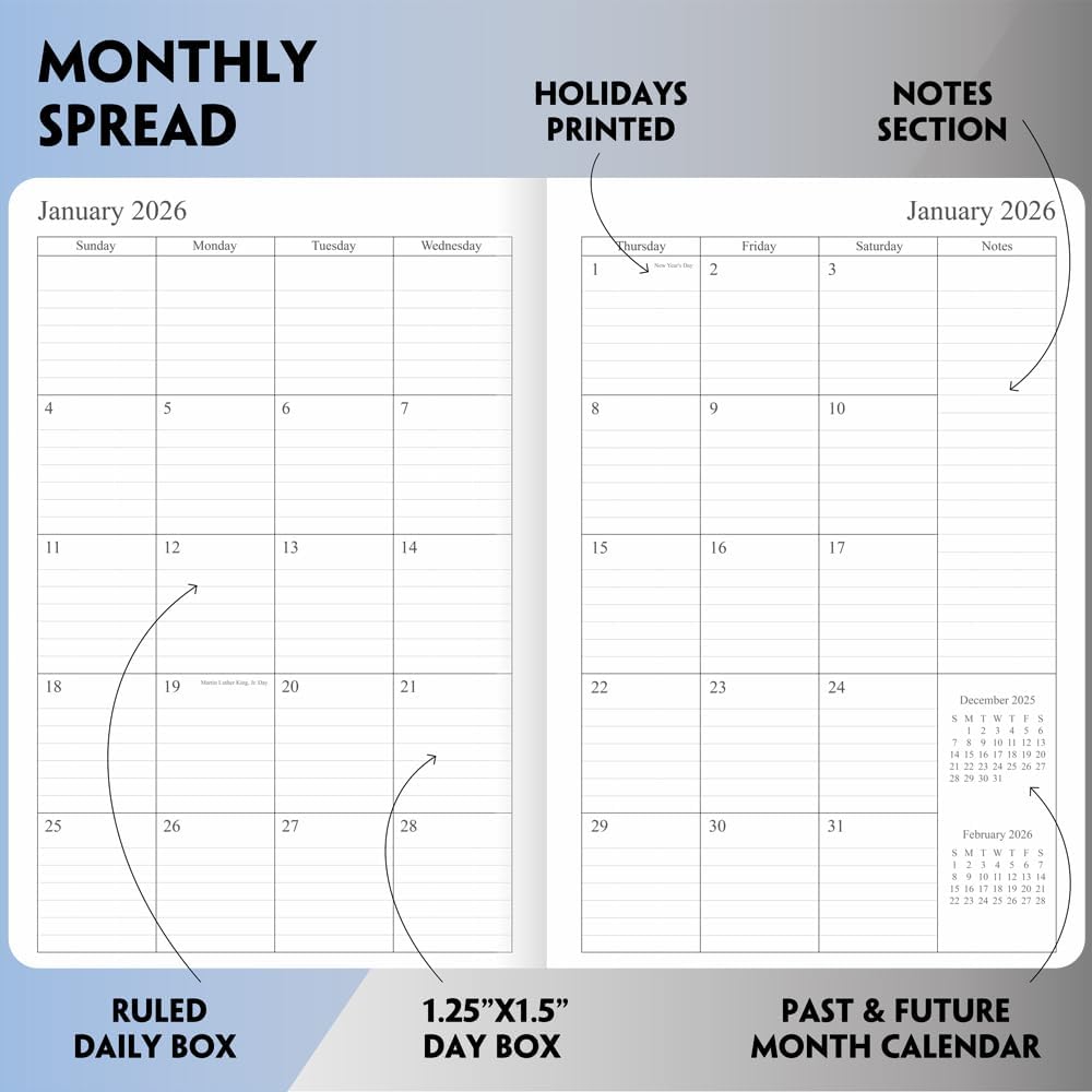 2025-2026 Planner - Weekly and Monthly Planner, Oct 2025 - Dec 2026, Holidays, Contacts and Notes Pages, Vegan Leather Cover, Elastic Closure, 5.5”x8.25”, Teal