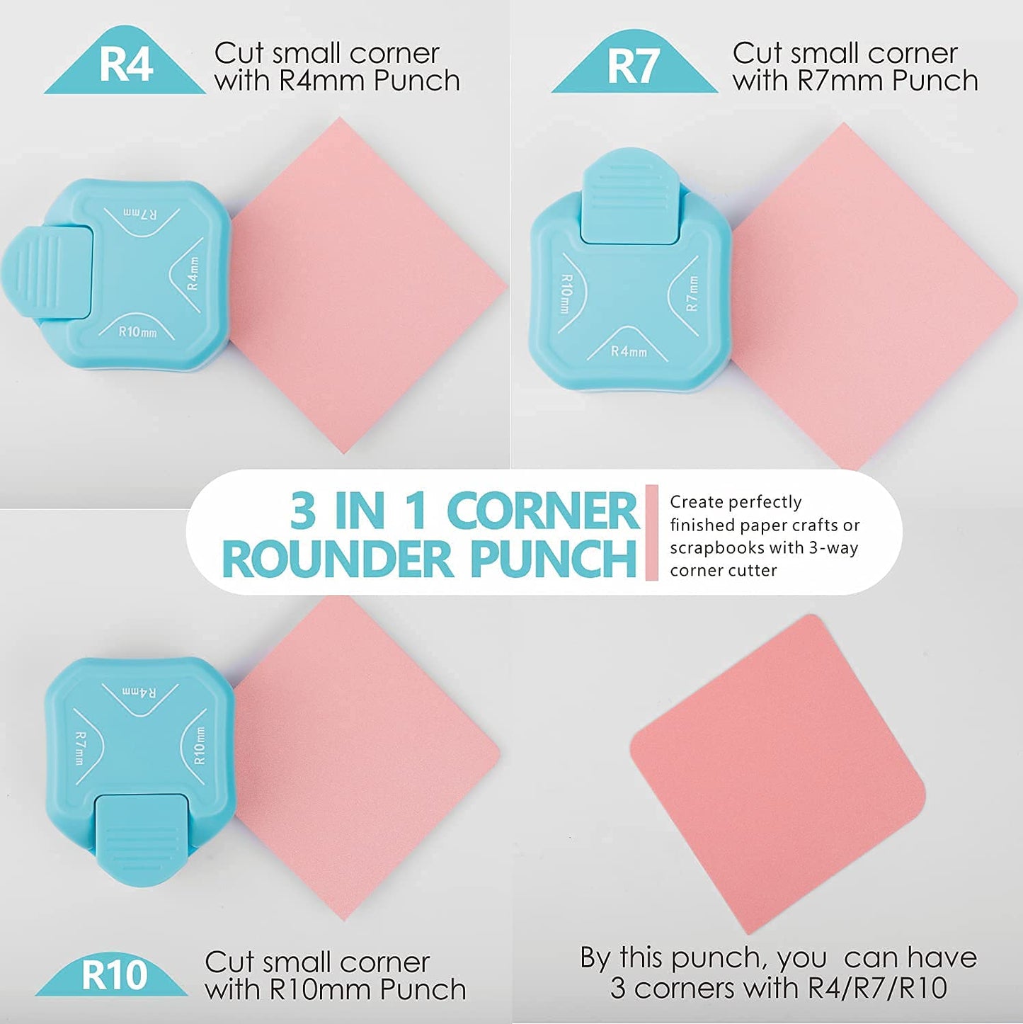 BearBoss 3 in 1 Corner Punch Paper Corner Rounder Cutter for Card Making Laminate Cardstock Scrapbooking Paper Crafts Business Cards, Ocean Blue 4mm, 7mm, 10mm