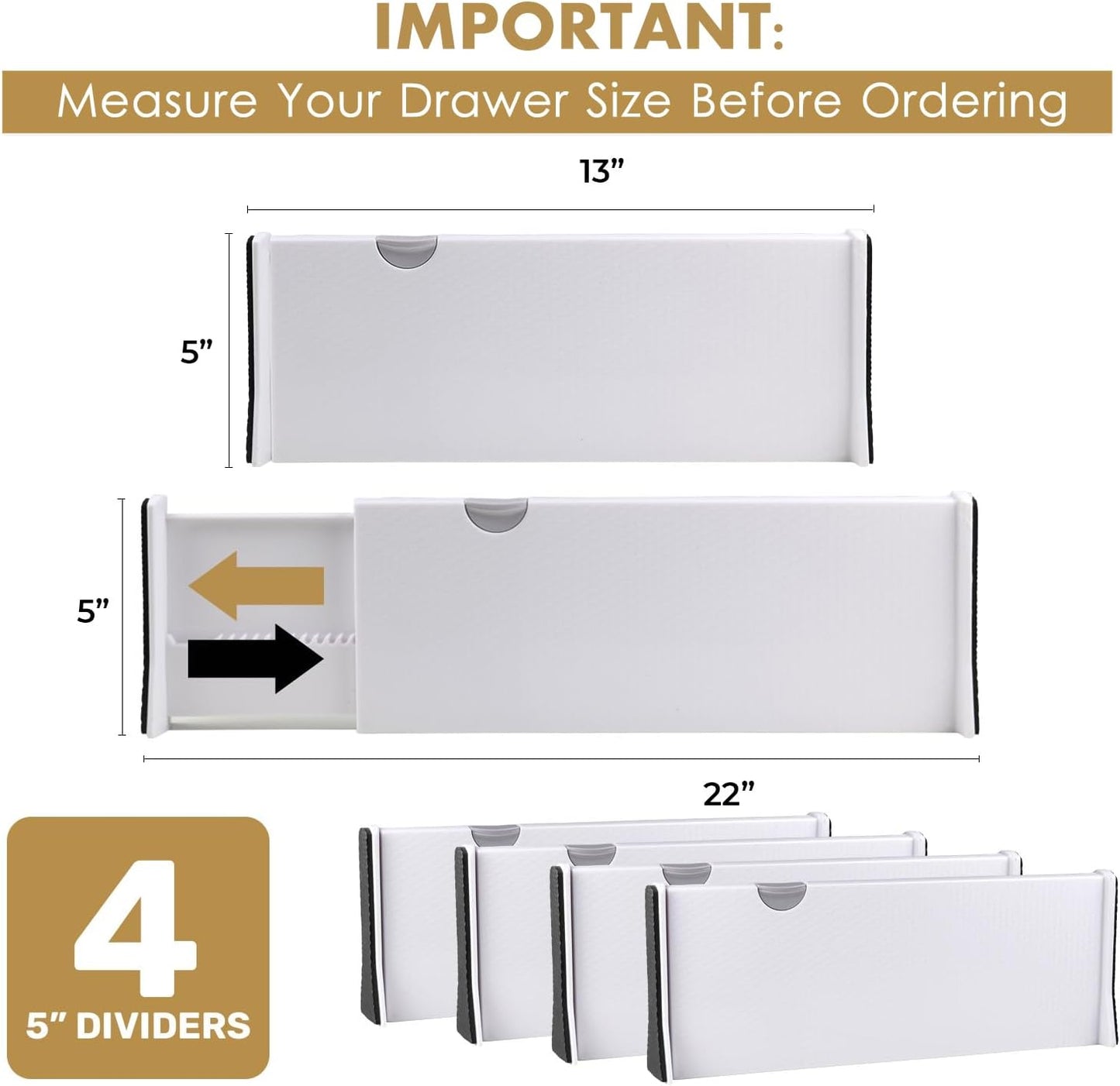 RAPTUROUS Adjustable Deep Drawer Divider – 5" Tall, Expandable 13-22", 4-Pack, Non-Slip Drawer Dividers for Clothes, Dresser, Kitchen & Office Organization (White)