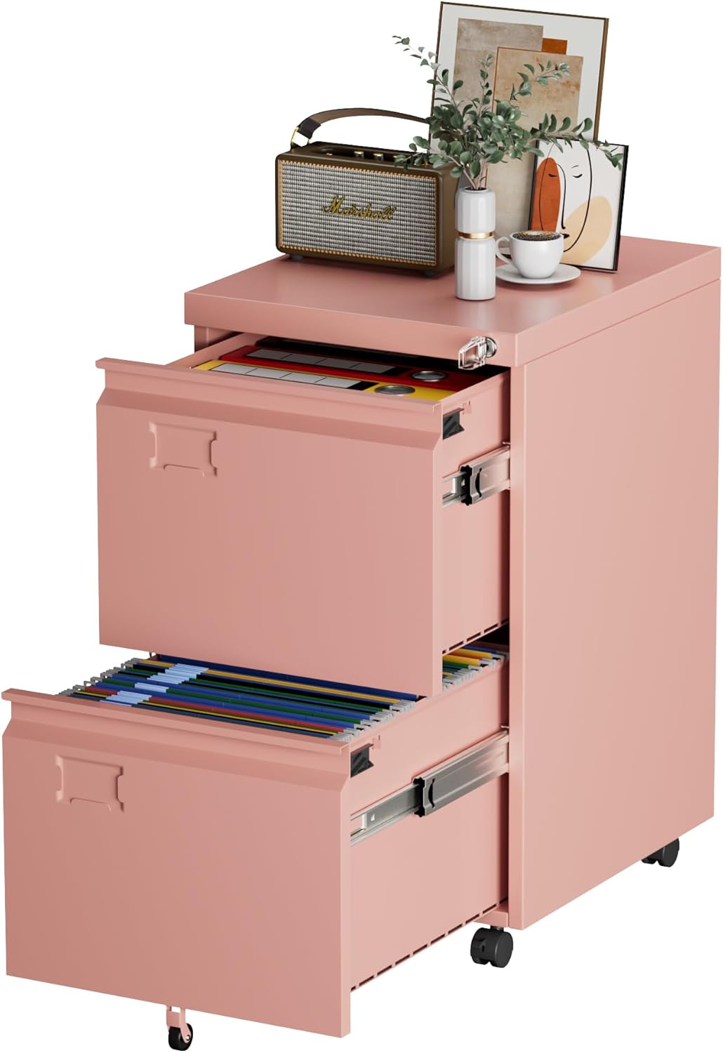 Aobabo Metal 2 Drawer Office File Cabinet with Lock, Under Desk Office Steel Files Cabinet on Wheels, 25.6''H Legal/Letter A4 Size, Assembly Required, Pink