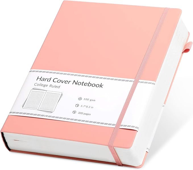 CAGIE Pink Journal Notebook for Women, 320 Pages College Ruled Notebook, 100 Gsm Paper Thick Lined Journal, A5 Hardcover Leather Journals for Writing, 5.7x8.3 In