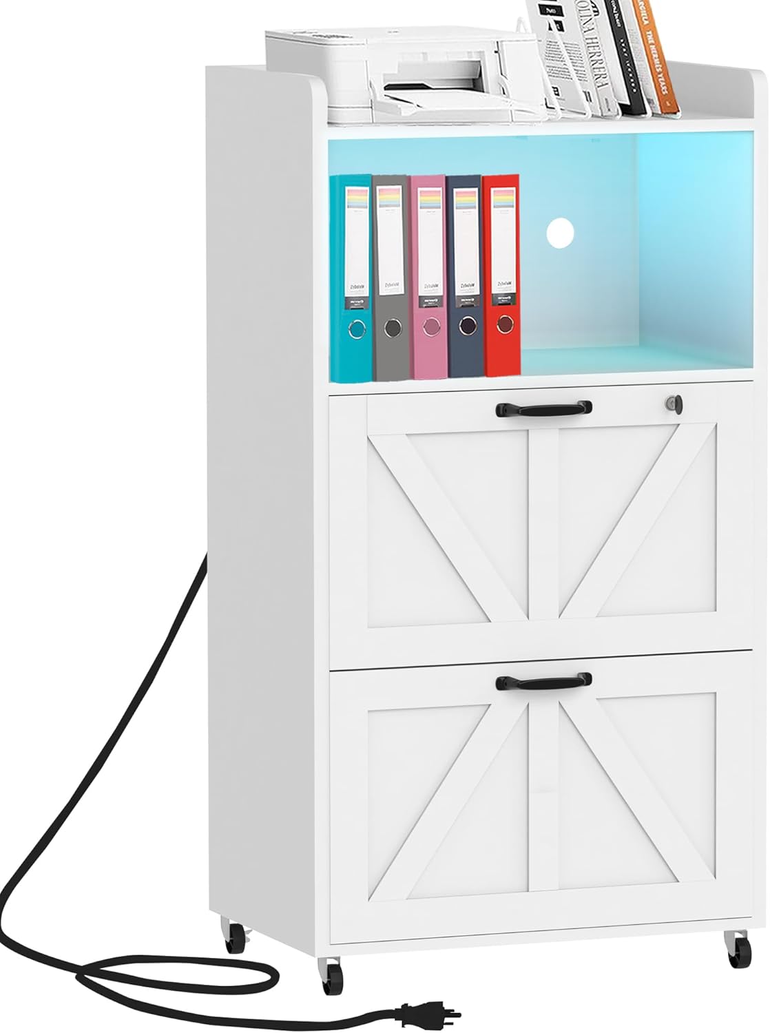 2 Drawer File Cabinet On Wheels & Charging Station, Wood Filing Cabinet with Lock & LED Light, Large Storage Printer Stand for Home Office, White