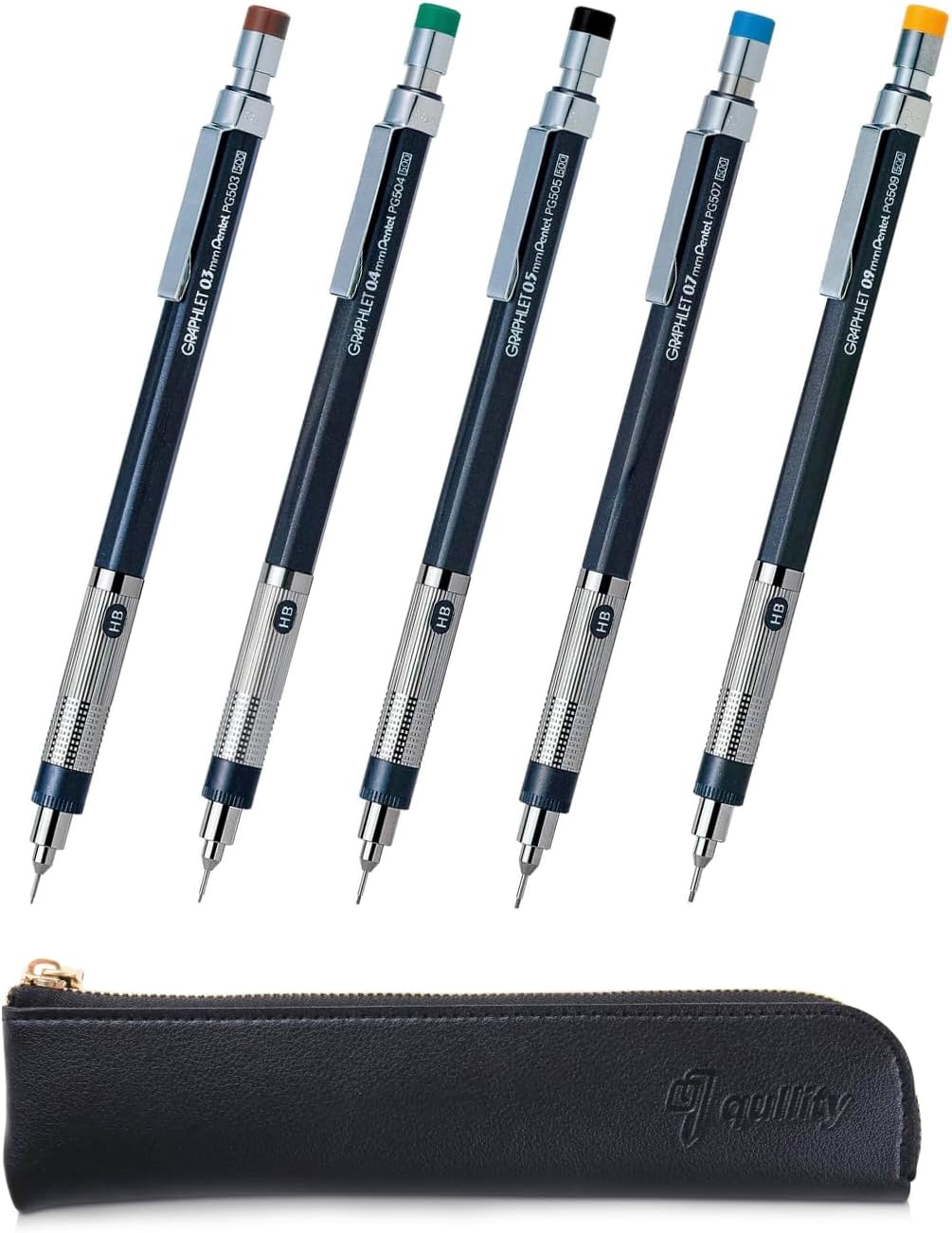 Graphlet Mechanical Drafting Pencil + Ain HB/B/2B leads, original Black slim pen case (5 sizes)