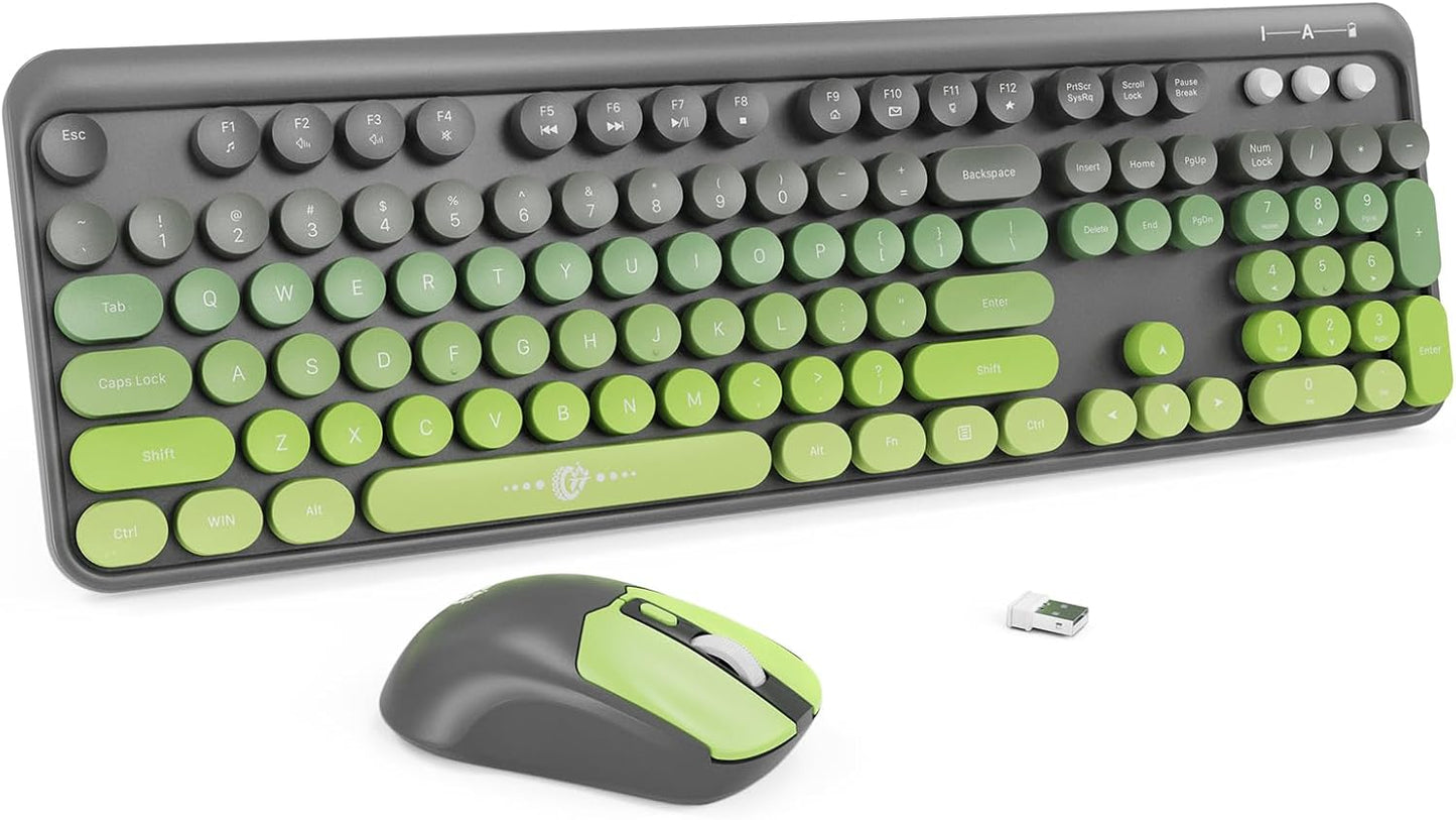 FOPETT Wireless Keyboard and Mouse Combo - 2.4G Full-Sized Cute Colorful Mouse and Keyboard with 104 Round Keys Retro Typewriter Keyboard for Laptop/Windows/PC - Green Gradient