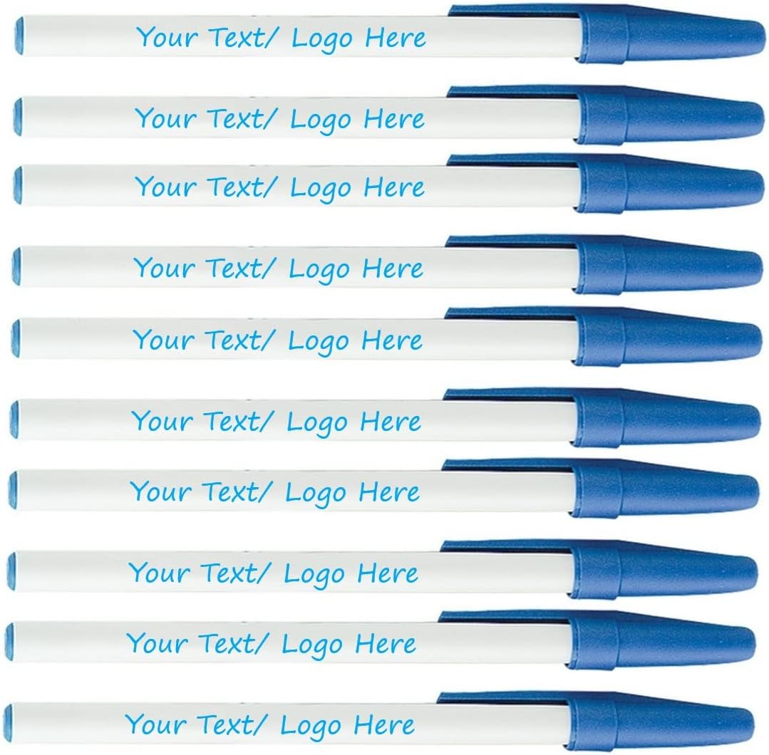 Personalized Stick Pens With your Custom Logo or Text-500 Pack Bulk-for Businesses, Parties, and Events, Custom Printed Slim Ballpoint Pens with Cap, Light Blue, Black Ink