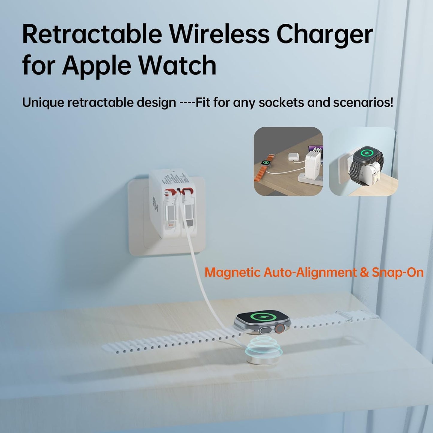 Apple Watch Charger Travel Essentials, 5 in 1 Travel Charging Station for Apple Devices, Retractable Wall Charger with 3*3.2ft Retractable Cables, Fast Charger Block for Apple Gear (White)