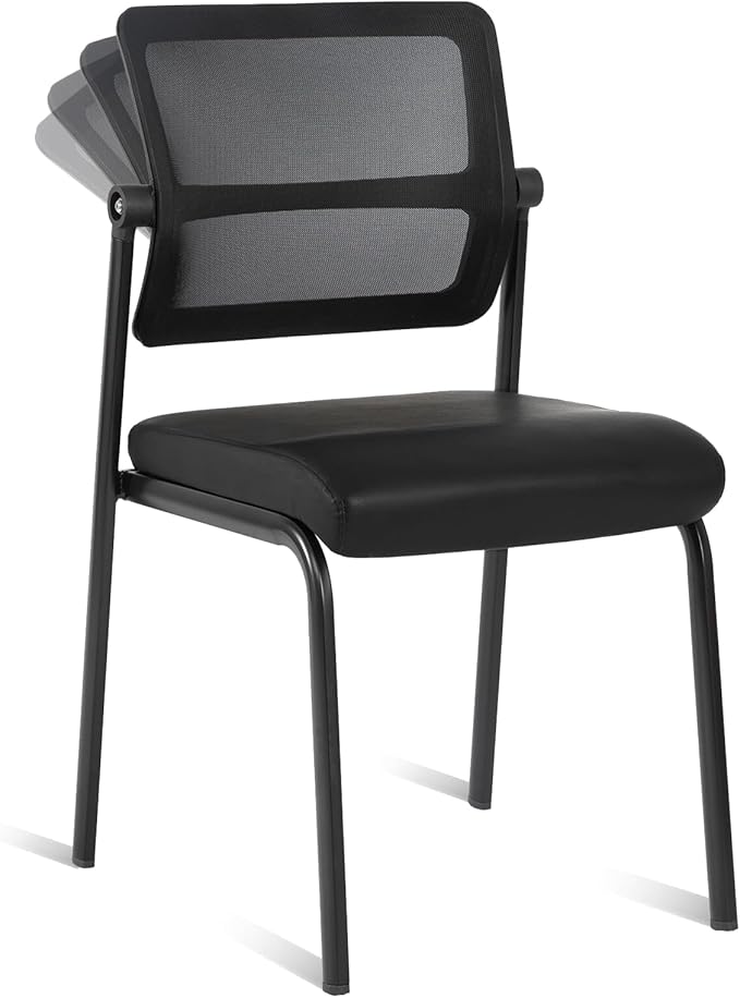 CLATINA Stackable Waiting Room Chair with Adjustable Mesh Backrest, Armless Office Guest Reception Chairs with Leather Cushion and Ergonomic Lumbar Support for Conference Lobby Side School, Black