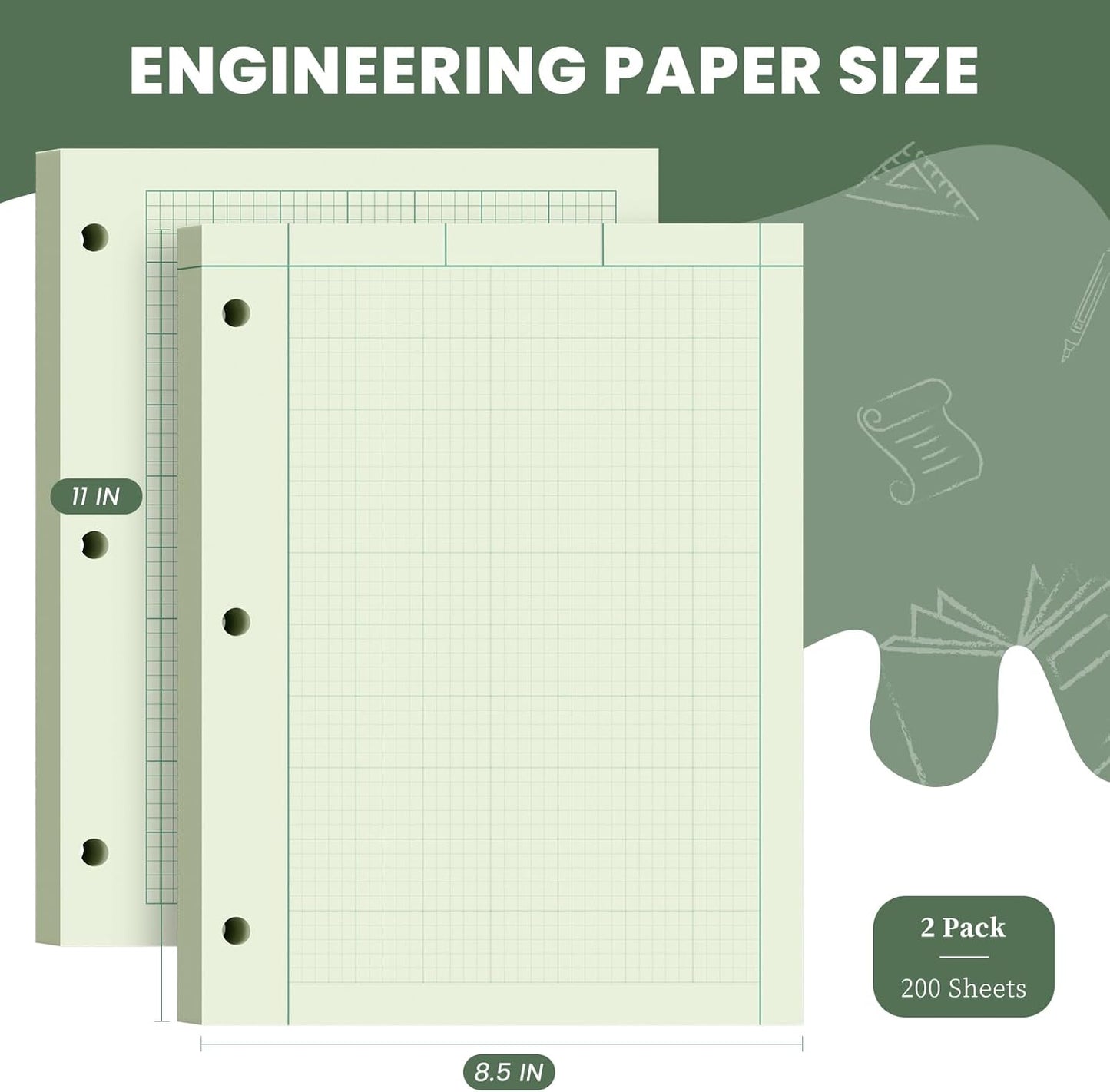 Engineering Computation Pad, 2 Pack Engineering Paper 8.5 x 11, 100 Sheets Per Pad 5x5 Quad Ruled, Top Glue Binding Engineering Notebook 8.5 x 11, 3-Hole Punched Grid Paper