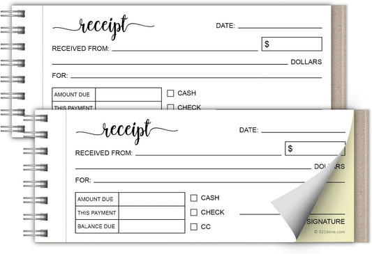 321Done 2-Pack Spiral Receipt Book, Made in USA - 2-Part Carbonless Spiral Bound 2.75x6, Receipt Book with Carbon Copies for Small Business - 100 White/Yellow Sets