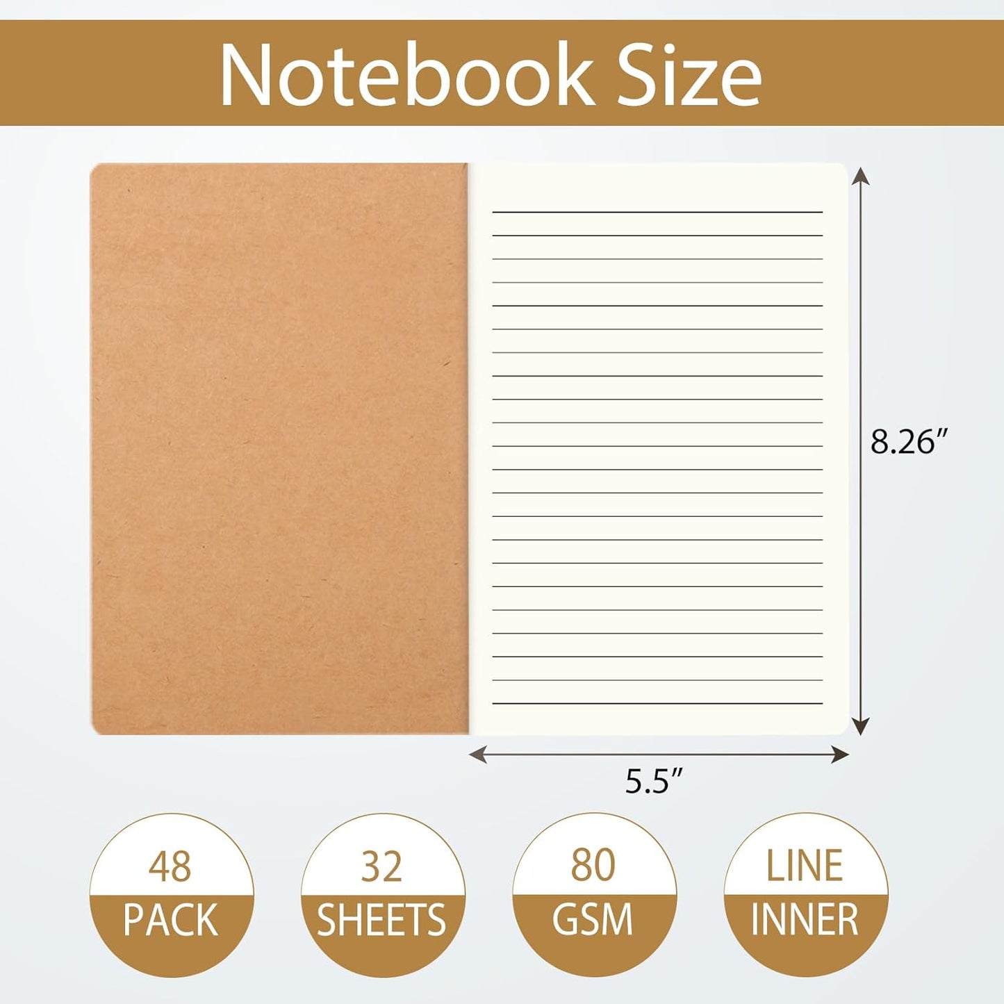 48 Pack Lined Journal Notebook Kraft Brown Cover Lined Notebooks for Travelers, Students, Office - Composition Notebook Subject Notebooks - A5 Size, 8.26”x5.5”, 64 Lined Pages/32 Sheets