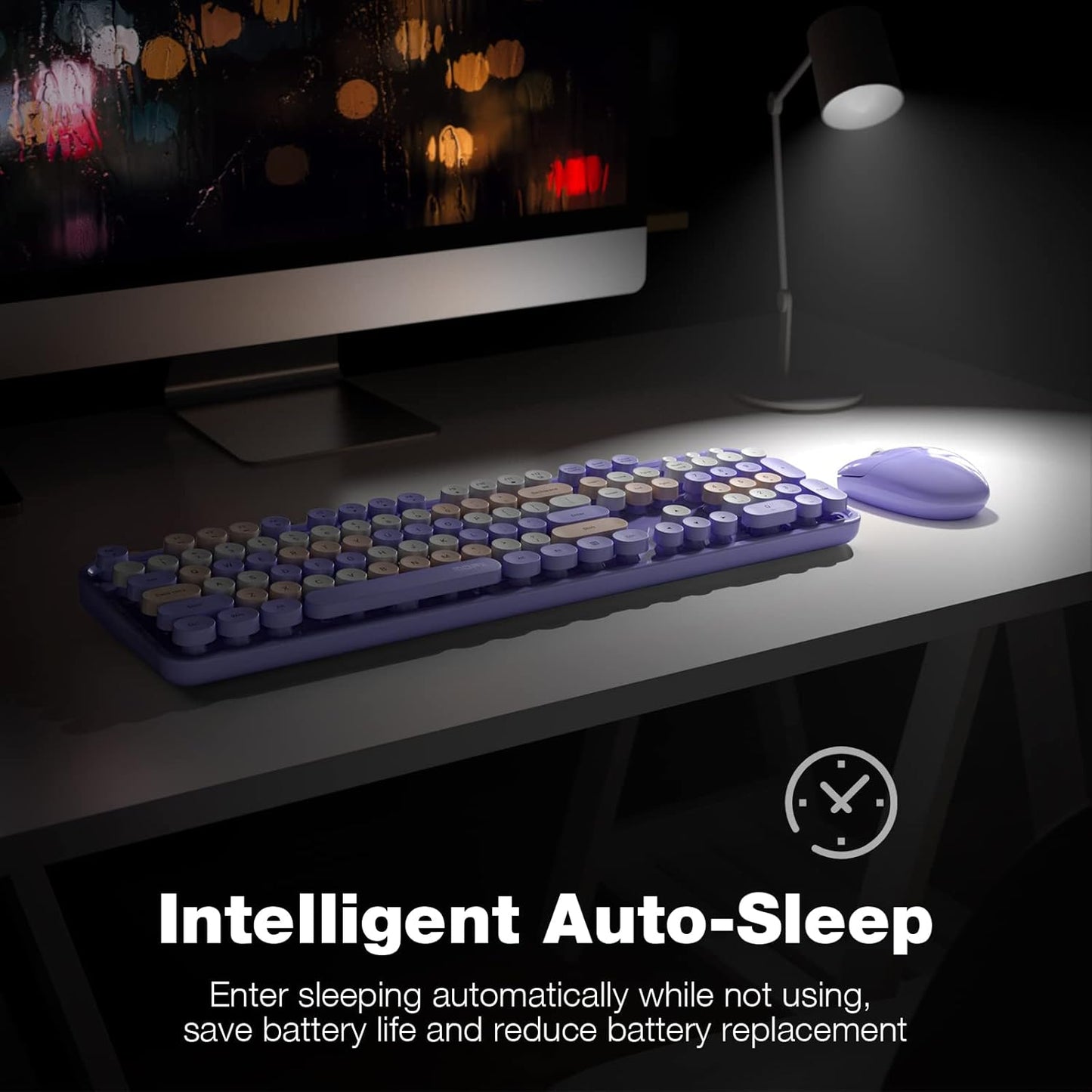 MOFII Wireless Keyboard and Mouse Combo Purple Colorful Full Size Round Key Typewriter Keyboards, 2.4G USB Keyboard Mice with 2-1 Nano Dongle for Computer Laptop PC Desktop Chromebook Smart TV