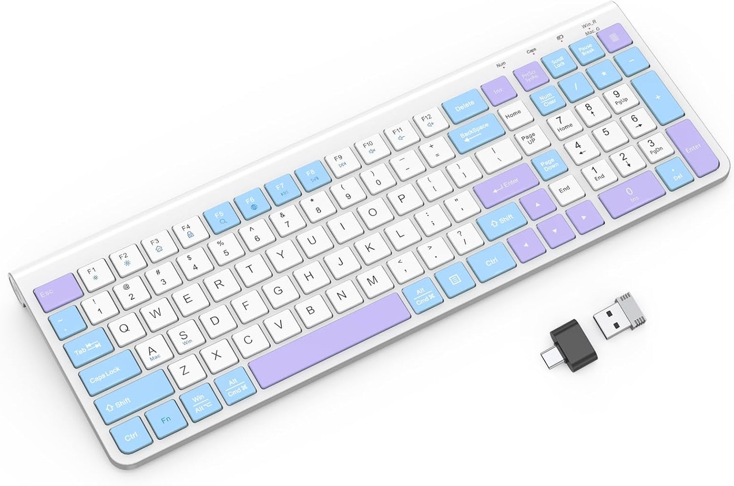 Colorful Wireless Keyboard with Low-Profile Keys-Soft Touch,Cute,Quiet Design,Windows & Mac OS，Office Cordless Slient Computer Keyboard for Desktop,Laptop, PC, Mac, Windows-Purple Blue White