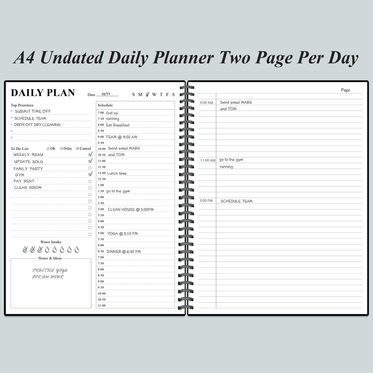 Daily Planner Undated - A4 To Do List Notebook Hourly Schedules, Spiral Appointment Planner for Women and Men,PVC Hardcover, Inner Pocket, Elastic Closure, 8.5" x 11", Black