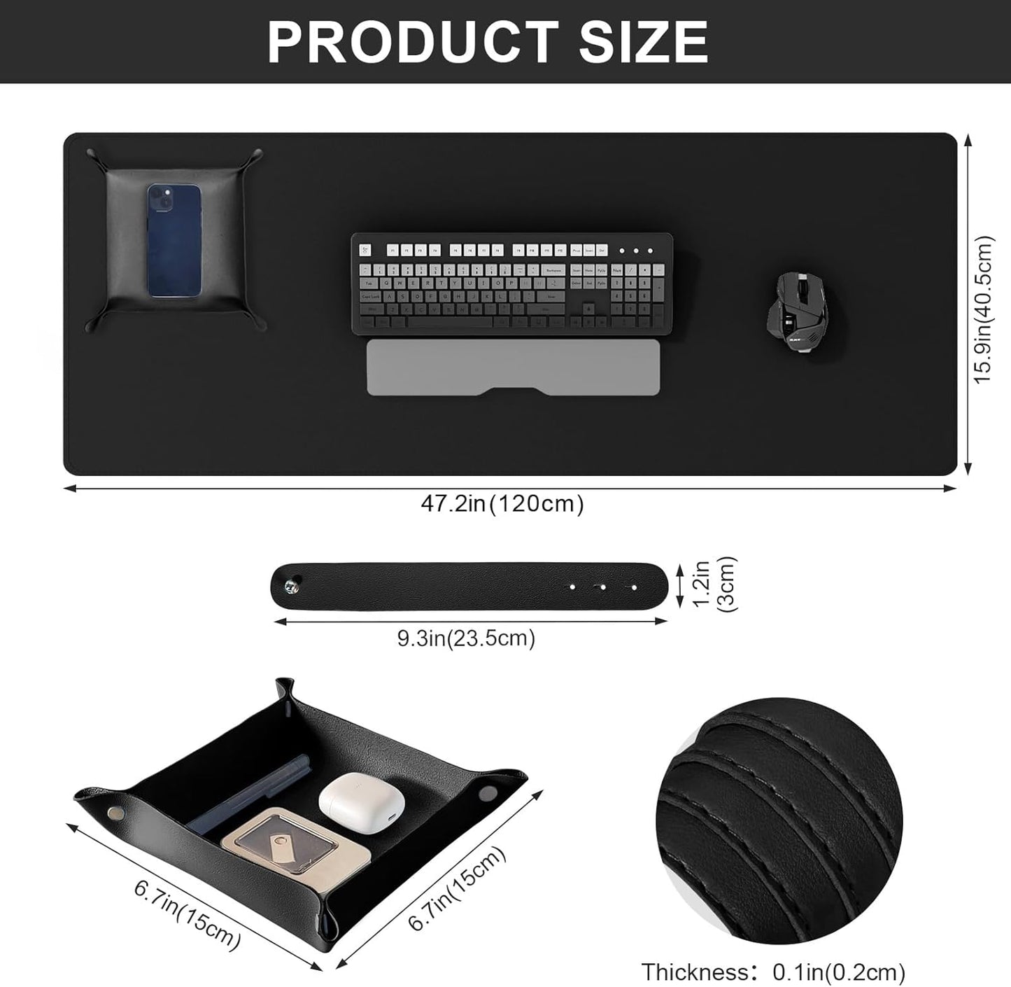 DAWNTREES Dual Sided Desk Mat,Leather Desk Pad,47.2''x15.8'',Cork Desk Mat Protector,with PU Leather Valet Tray Organizer,Large Mouse Pad,Desk Writing Pad for Office and Home(Black)