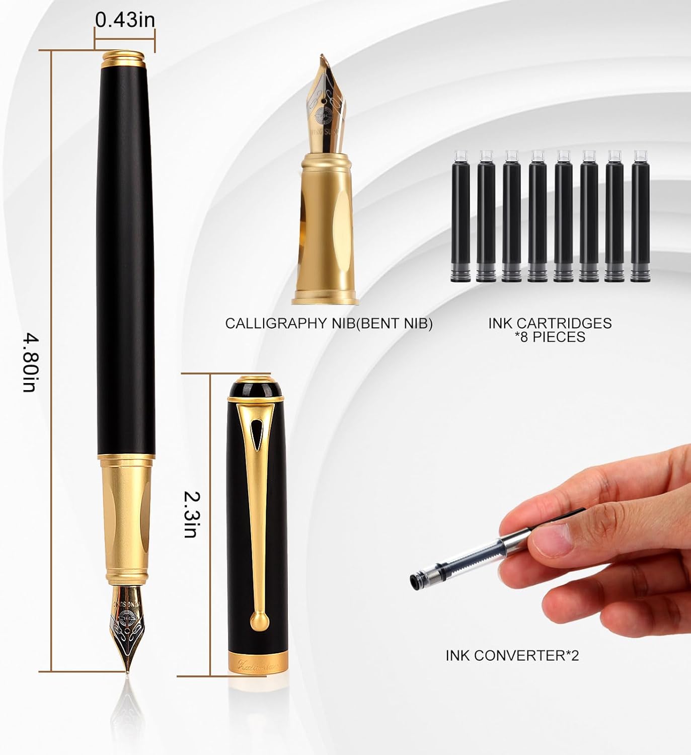 Fountain Pen-Smooth Writing Metal Water Pen with Gift Case Fine Nib Consistent Ink Flow Luxury Pen for Nice Pens Includes a Calligraphy Nib 8 Ink Cartridges and a Converter (Gold)