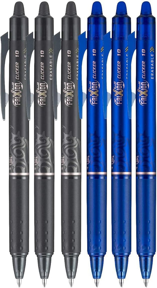 FriXion Clicker Retractable Erasable Gel Pen, Black/Blue, Bold Point, 6-pk; Bundle with Plastic Reusable Pouch