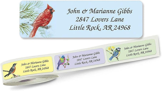 Birds Rolled Personalized Return Address Mailing Labels with Dispenser, Set of 250, 5 Designs, Small ¾ x 2½ Inch Size, Custom Self-Adhesive Sticker Roll, by Colorful Images