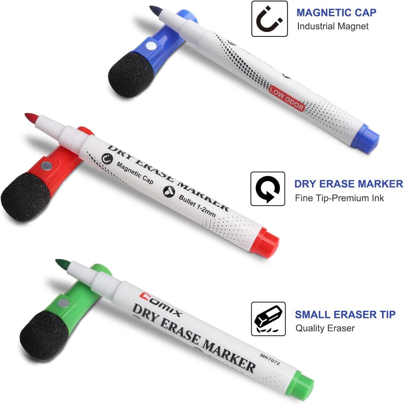 Comix Dry Erase Markers, Fine Tip Whiteboard Magnetic Markers with Eraser Cap, 36 Bulk 12 Colors Low Odor Markers for Kids Teachers