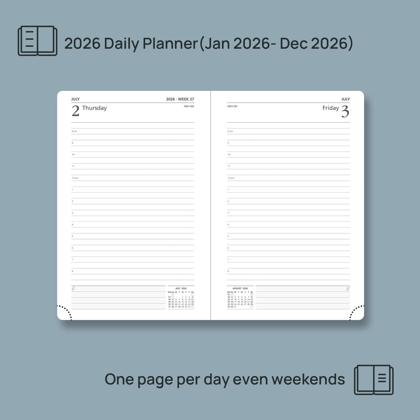 POPRUN 2026 Daily Planner One Page Per Day A5 Size Calendar (5.75" x 8.5") - 12 Months Hourly Appointment Book with Hardcover, Pocket, Pen Holder - Black