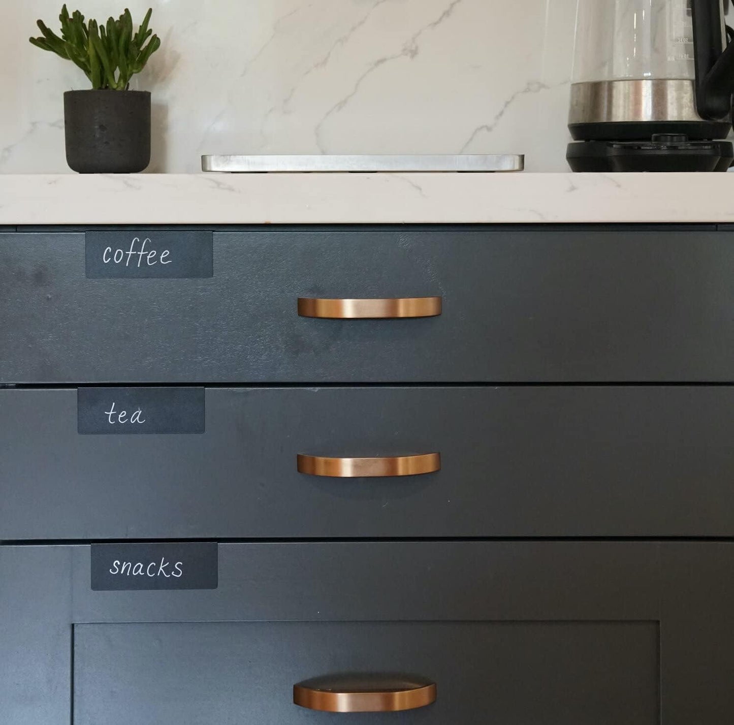 Clip-On Metal Cabinet and Drawer Labels – Reusable Chalkboard Labels for Kitchen, Bathroom, Dresser Drawers. Durable. Polished Edge. No Residue.
