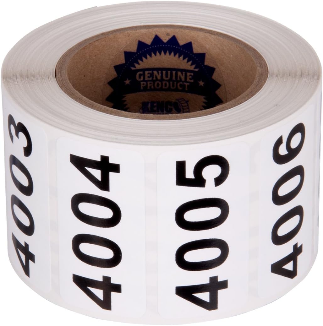 Consecutively Numbered Labels Self Adhesive Durable Vinyl- Measure: 2" X 1" by Kenco (ROLL 4001-4500)