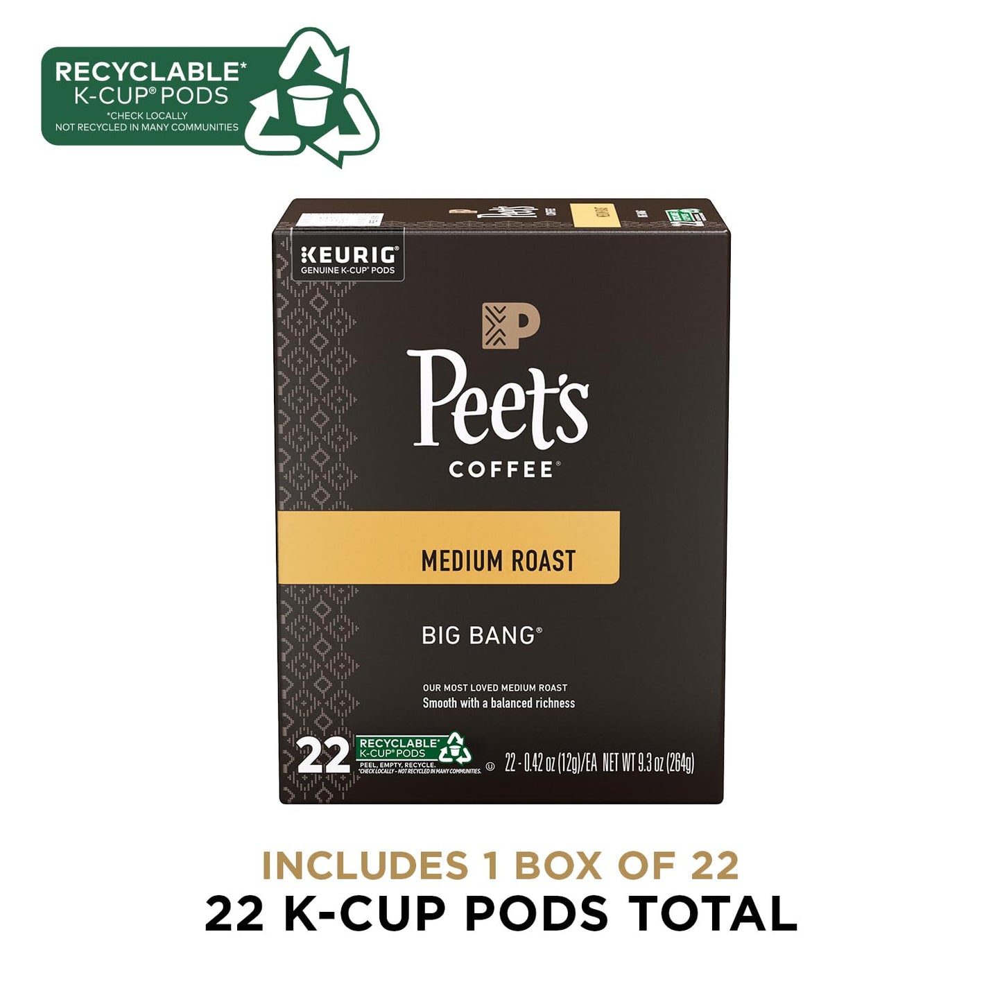 Peet's Coffee K-Cup Coffee Pods for Keurig Brewers, Medium Roast, Pods, Big Bang, 22 Count (Pack of 2)