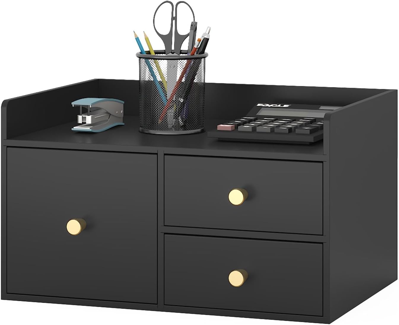 Bamboo Desk Organizer with Drawers Wooden Desktop Storage Organization Box for Bills Office Supplies Kitchen Utensils Organizing Tool for Home Classroom Vanity, No Assembly Required (3 Drawer, Black)