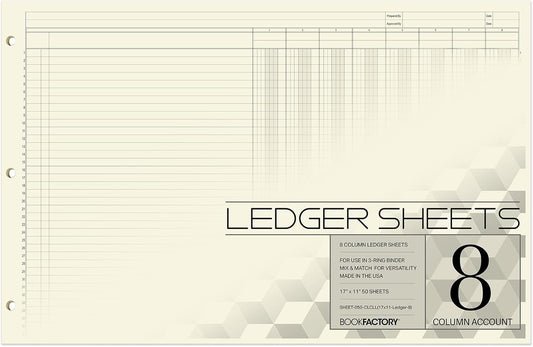 BookFactory Ledger Sheets/Large 8 Column Accounting Ledger Columnar (Eight Columns) Loose Leaf Paper - 17'' x 11'', 50 Pages, Loose Leaf, 3 Hole Punched (SHEET-050-CLCLL(17x11-Ledger-8)-AX)