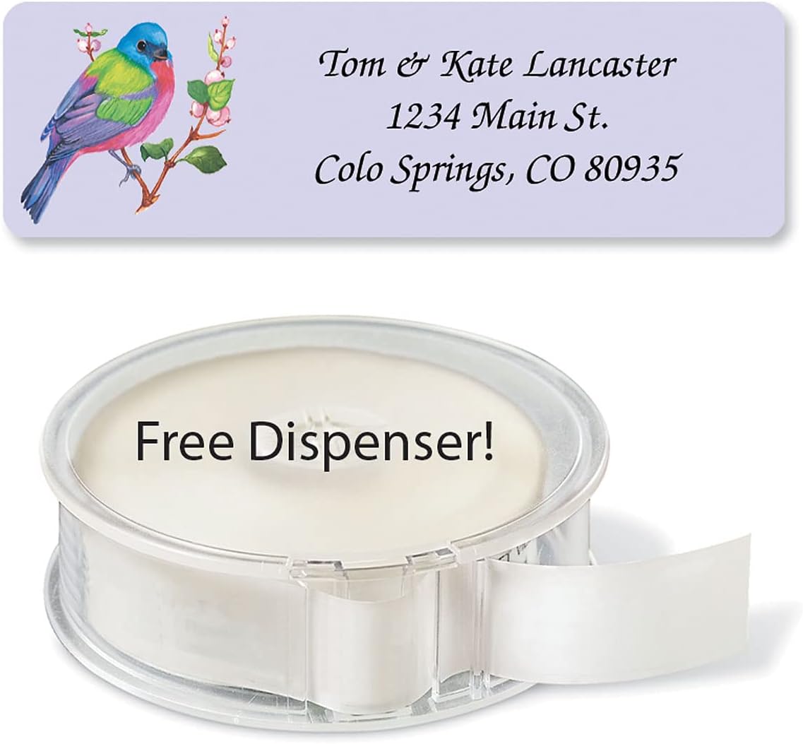 Birds Rolled Personalized Return Address Mailing Labels with Dispenser, Set of 250, 5 Designs, Small ¾ x 2½ Inch Size, Custom Self-Adhesive Sticker Roll, by Colorful Images