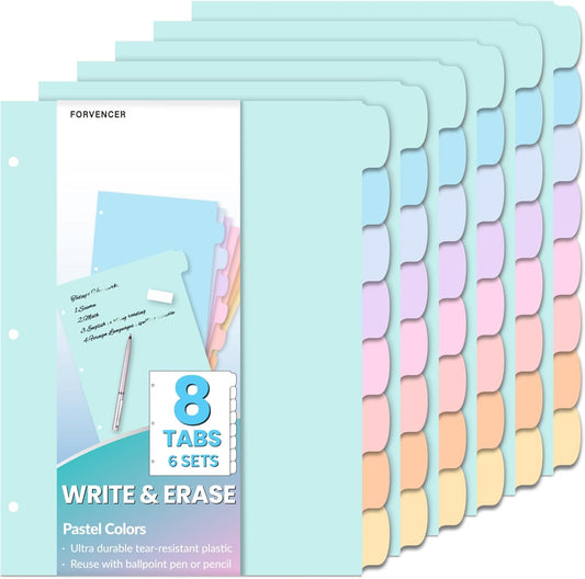 Forvencer 48Pcs/6Set Binder Dividers with Big 8 Tabs, Write&Erase Plastic Dividers for 3 Ring Binder, Tab Divider with Sticker Labels for Student, Teacher, Office, Home Organizers, School Supplies