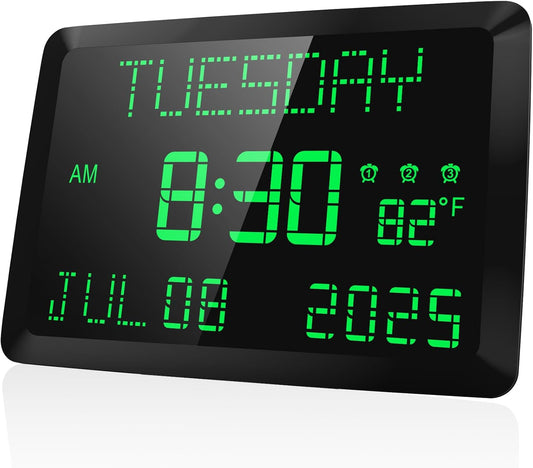 Raynic Day Clock, 11.5" Large Display Calendar Clock with Day and Date, Indoor Temperature, Adjustable Brightness, Snooze,12/24H, DST for Home, Office, Elderly