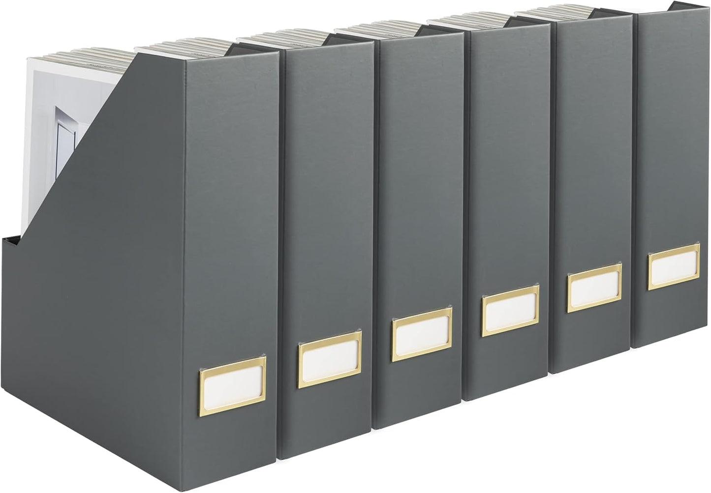 BLU MONACO Set of 6 Foldable Grey Magazine Holders with Gold Label Holders – Stylish File Boxes for Home Office Desktop, Bookshelf, or Classroom Organization