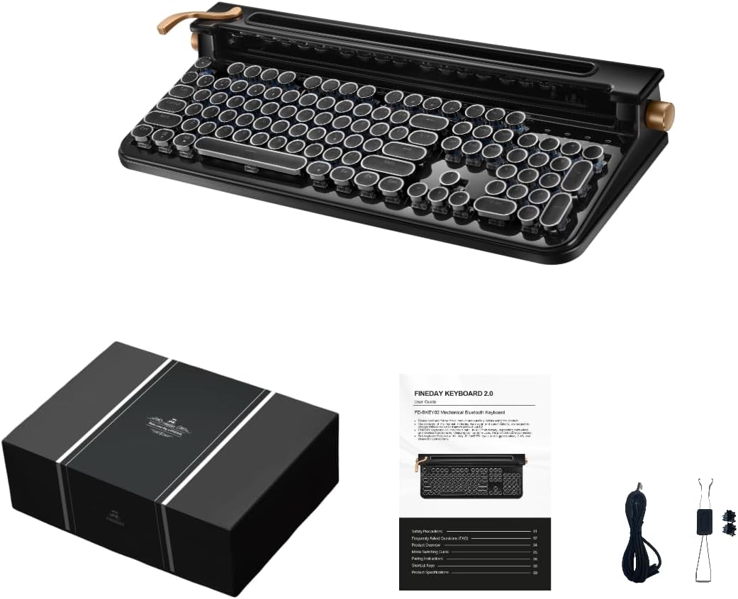 FINEDAY Keyboard 2.0 Plus, 2.4G Wireless & Bluetooth, 104 Keys, Blue Switch, 5000mAh, Retro Mechanical Keyboard with Korean/English Keycaps for PC/Mac/Phone (Korean Keycaps)