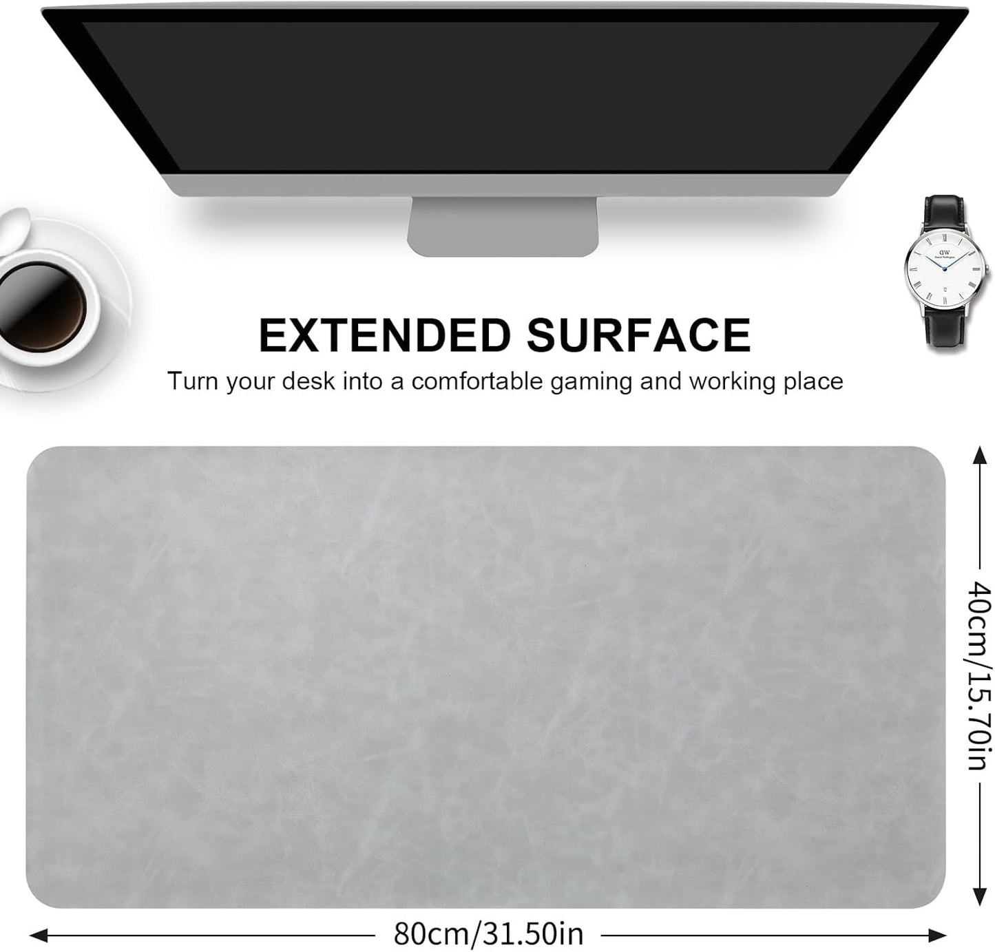 Crazy Horse Leather Desk Mat Large Mouse Pad Laptop Computer Desk Pad Protector Non-Slip Waterproof Table Blotter Desktop Writing Pad for Office and Home (Light Grey, 80x40cm)