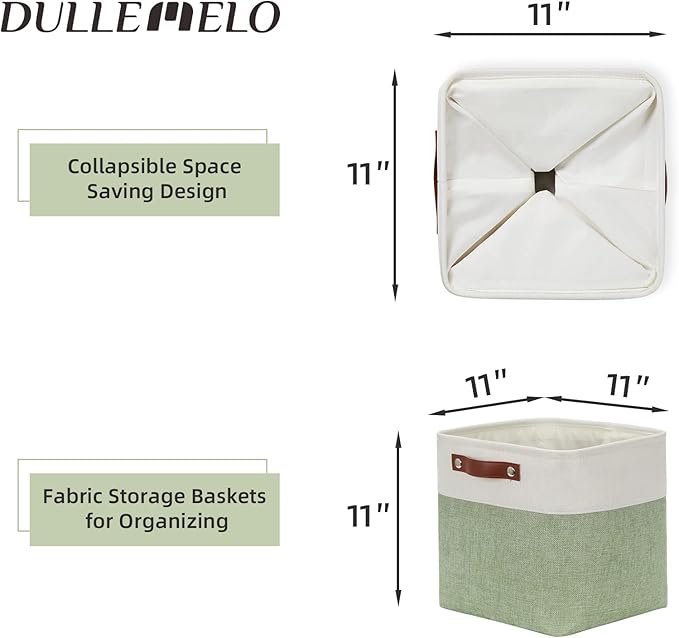 DULLEMELO Storage Baskets for Organizing, Fabric Storage Cubes for Dog Toy Box, 11 Inch Decorative Cube Storage Bins with handle for Baby Gift Basket(4 Pack - 11" White&Green)