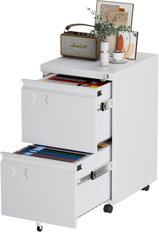 Aobabo 2 Drawer File Cabinet, Lockable Metal Filing Cabinet with Wheels for Home Office, Legal/Letter Size, Required Assembled,White