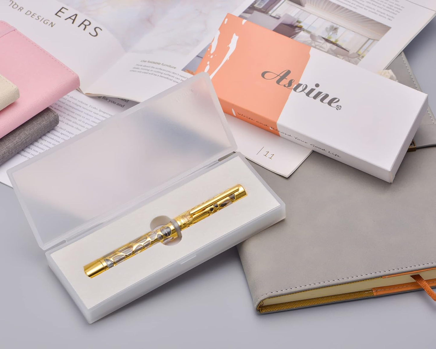 Asvine V169 Vacuum Filling Fountain Pen Medium Nib, Water Drop Skeleton Gold Trim Transparent Clear Acrylic Pen Case Set