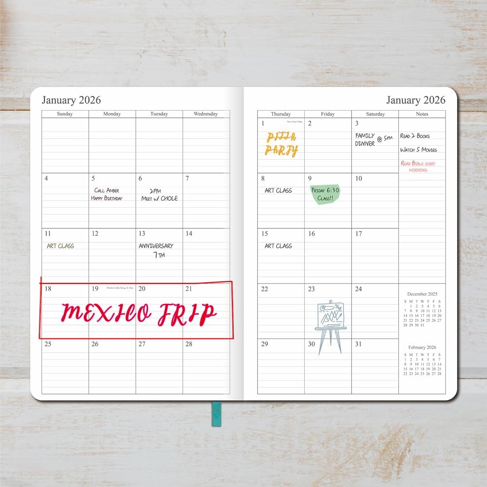 2025-2026 Planner - Weekly and Monthly Planner, Oct 2025 - Dec 2026, Holidays, Contacts and Notes Pages, Vegan Leather Cover, Elastic Closure, 5.5”x8.25”, Teal