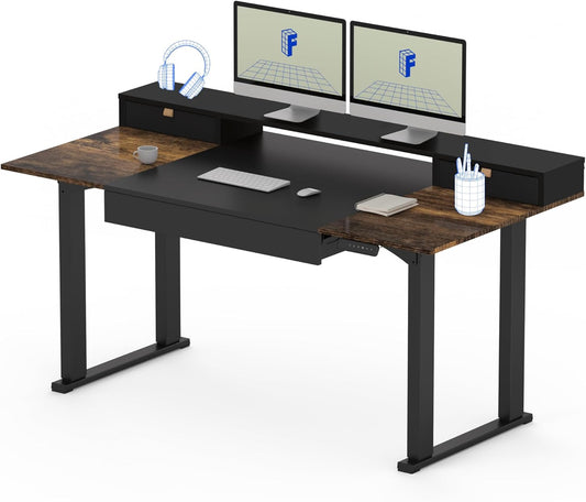 FLEXISPOT 63x32 in 4-Leg Standing Desk with Storage Electric Adjustable Height with 3 Drawers & Shelving Home Office Workstation (Black + Special Walnut Top)