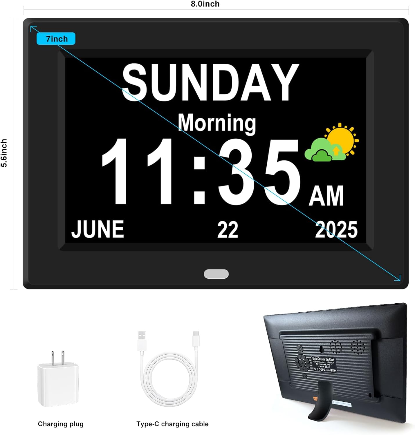 7‘’ Digital Alarm Clock for Elderly Large Display for Seniors Electric Clocks with Date Day of Week 12 Alarms 4 Colors Desk Wall Calendar Clocks for Memory Loss Alzheimers Dementia Auto DST/Dimmer