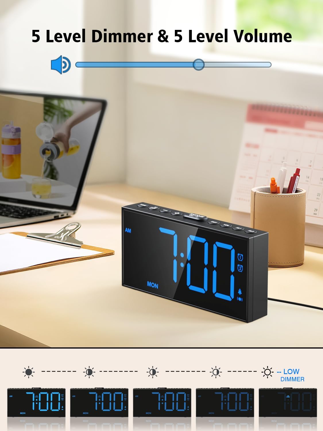 PPLEE Loud Alarm Clock with Bed Shaker,Vibrating Alarm Clock for Heavy Sleepers Hearing-impaired Deaf,2 Alarms 3-level Vibration for Weekday/Everyday Mode,5 Dimmer,5 Volume,Big Number,Power-off Memory