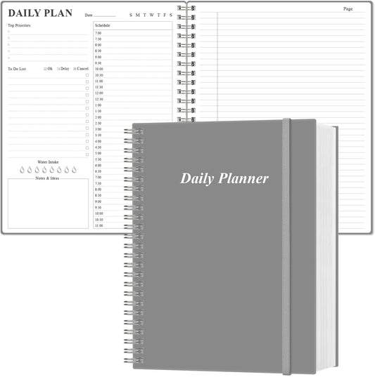 Daily Planner Undated - A4 To Do List Notebook Hourly Schedules, Spiral Appointment Planner for Women and Men,PVC Hardcover, Inner Pocket, Elastic Closure, 8.5" x 11", Grey