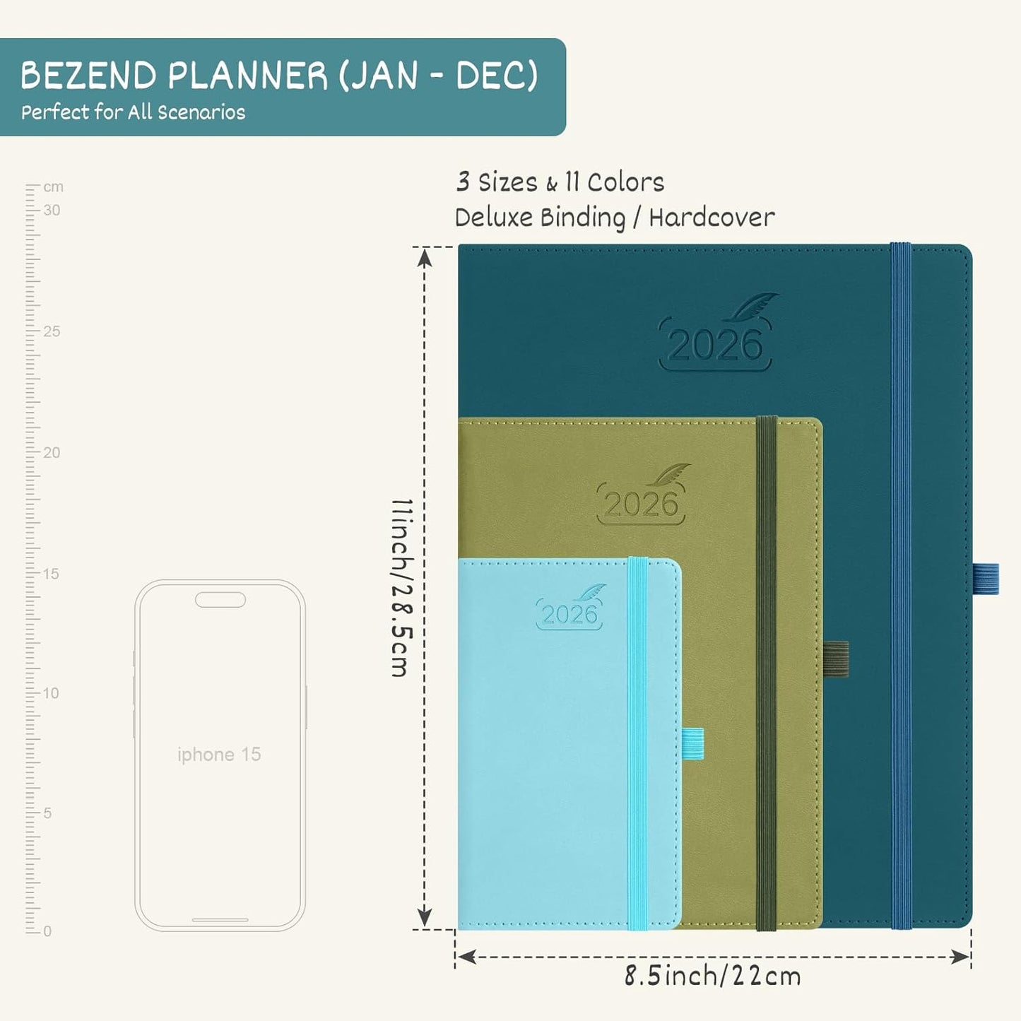 BEZEND 2026 Planner Weekly and Monthly (8.5" x 11") Daily Calendar with Half-Hourly Timeslots & Tab (Jan-Dec) Note & Expenses, Pen Holder, Inner Pocket, Vegan Leather Hardcover - Lavender