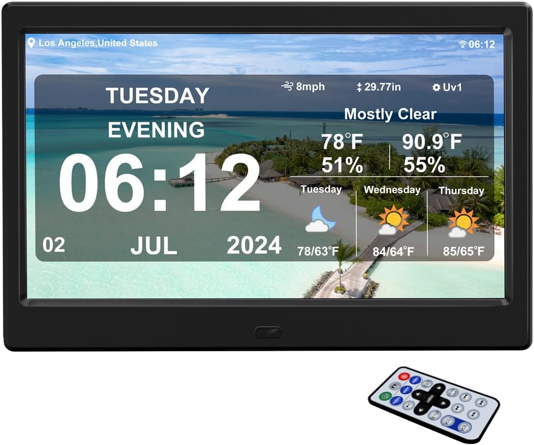 Digital Alarm Clock with Date and Time for Elderly Digital Calendar Clock Photo Frame- Auto Dimmable Display 15 Alarm Options (10.1 inch/Black)