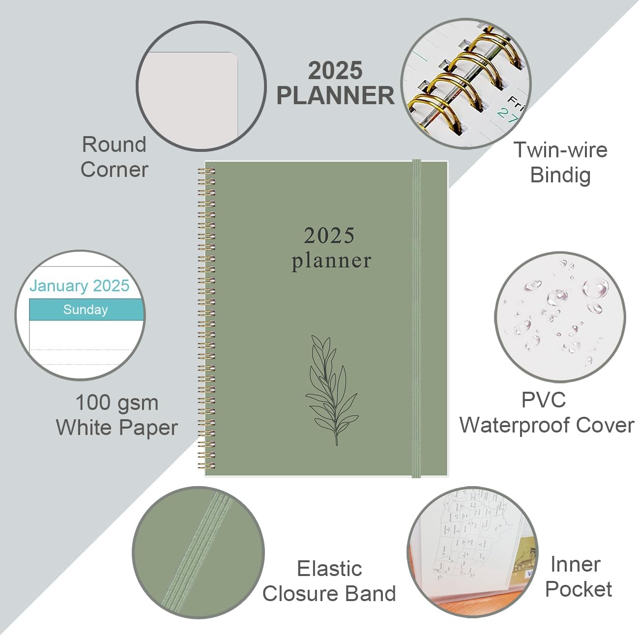 2025 Planner - Planner 2025 from January 2025 to December 2025 with 12 Monthly Tabs, Flexible Cover, Inner Pocket, 8.5" x 11", Green