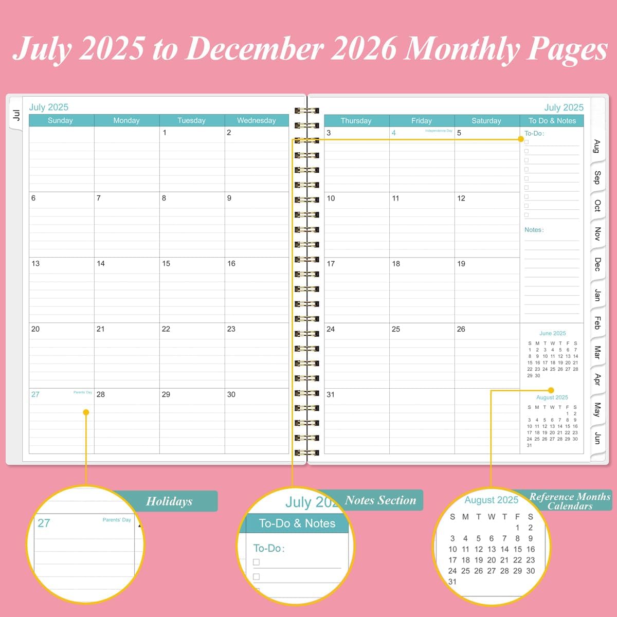 2025-2026 Monthly Planner - 18 Monthly Calendar, July 2025 - December 2026, Two Pages Per Month, 9" x11" Planner with Tabs, Strong Twin-Wire Binding, Inner Pocket, Pink