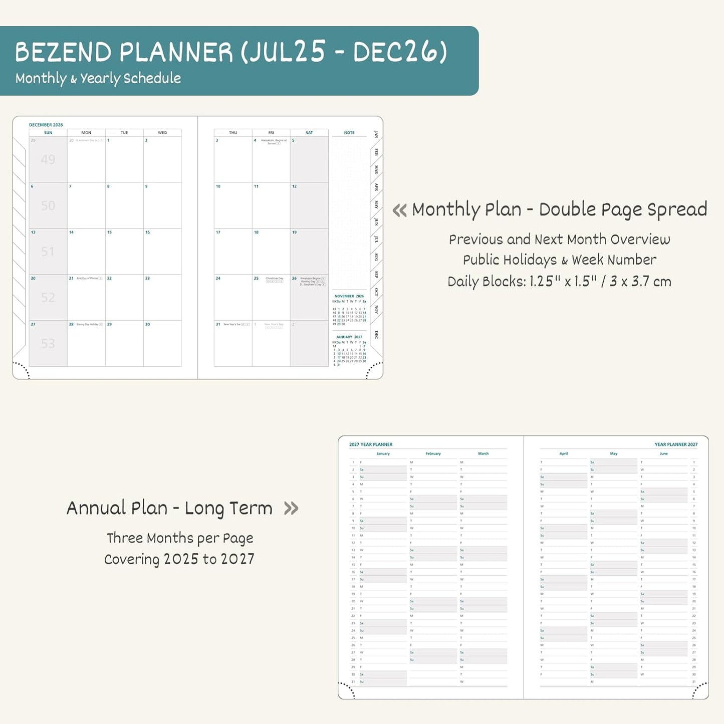 BEZEND Planner 2025-2026 Weekly and Monthly, 5.8" x 8.5" Academic Calendar (Jul 25-Dec 26) Vertical Daily Appointment with Hourly Timeslot & Monthly Tab, PU Leather Hardcover - Mint Green