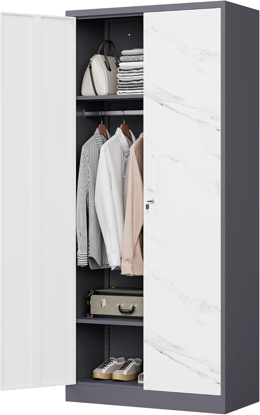 MIIIKO Wardrobe Closet with 2 Doors, 72" Metal Wardrobe Cabinet with Hanging Rod for Bedroom Laundry Room and Office, Clothes Storage Organizer Cabinets with Locking Door and Shelf