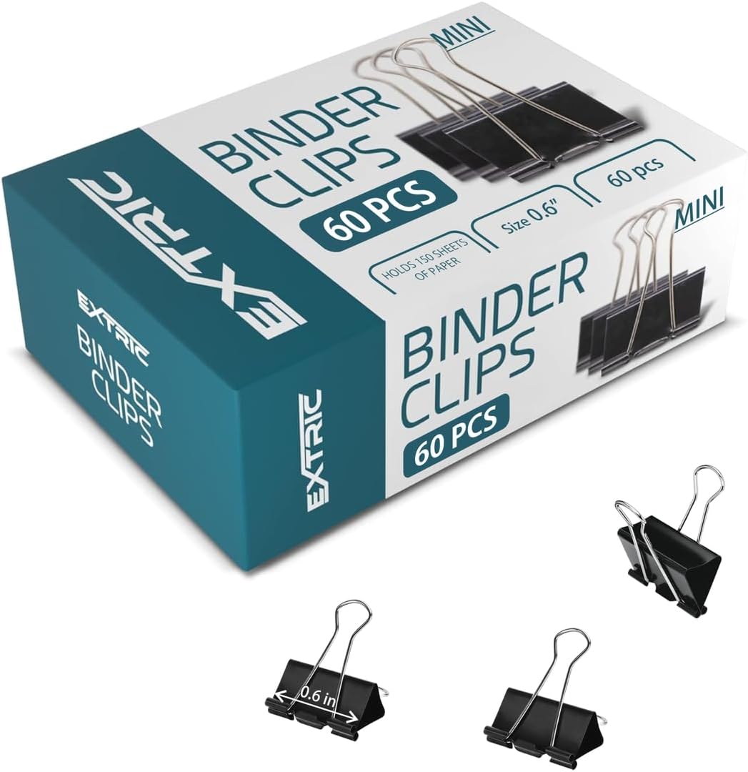 Binder Clips - 60 Pack Mini Black Paper Clamps, 0.6 Inch, Holds 30 Pages, File Clip for Home, Office and School Supplies