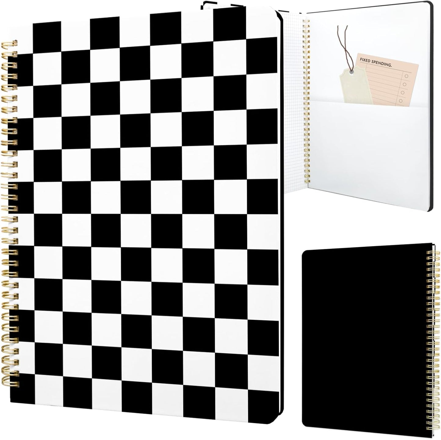 Cute Spiral Notebook journal A4 Aesthetic Pretty Design for Women Girls Kawaii with Pocket, 8.5 x 11 inch, Graph, Black Plaid